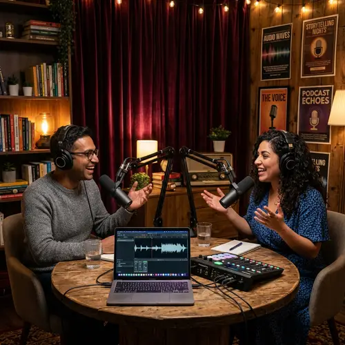 Cozy Podcast Studio with Diverse Hosts in Deep Discussion