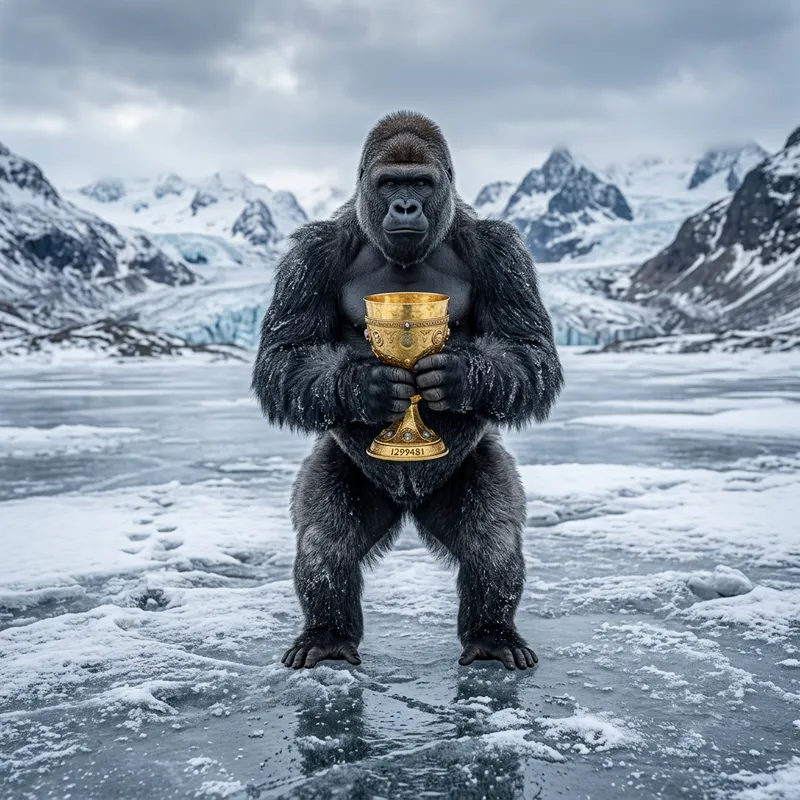 Gorilla on Ice with Golden Cup