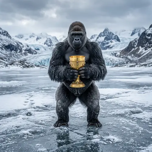 Gorilla on Ice with Golden Cup