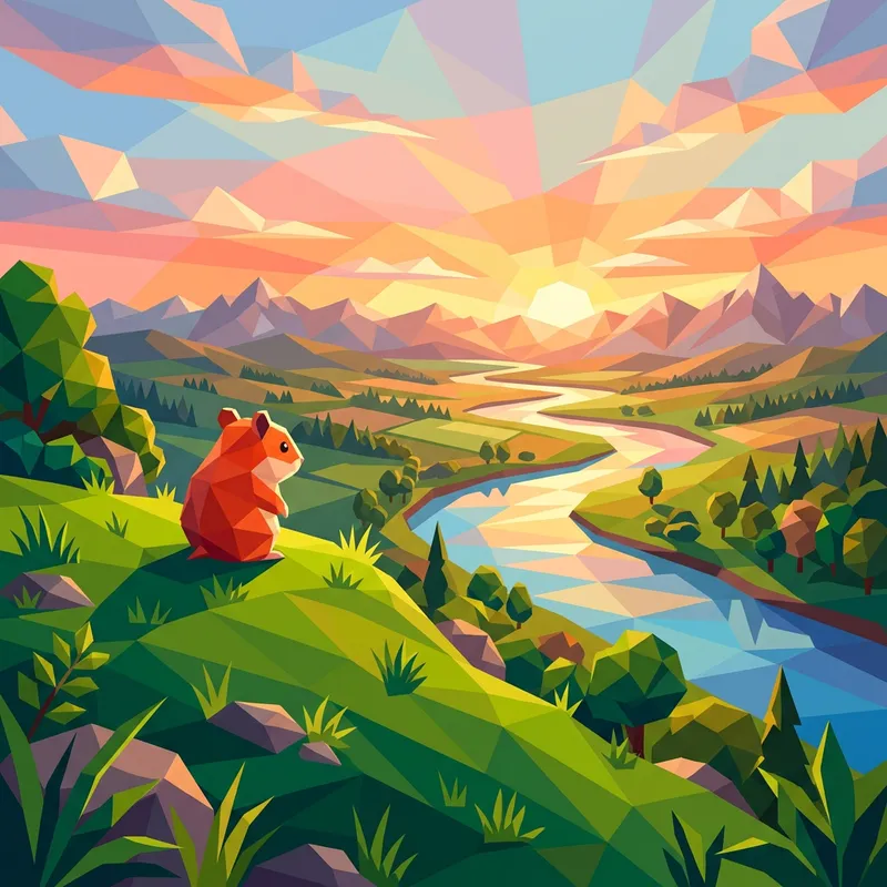 Red Hamster at Dawn on Green Hill by River Valley Scene