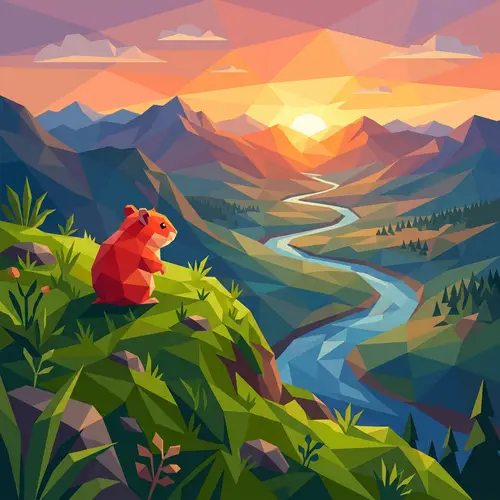Twilight Scene with Red Hamster on Verdant Hill