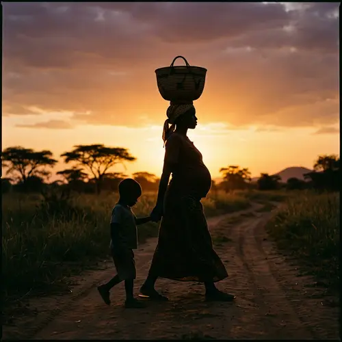 Silhouette of a Pregnant African Woman with Child