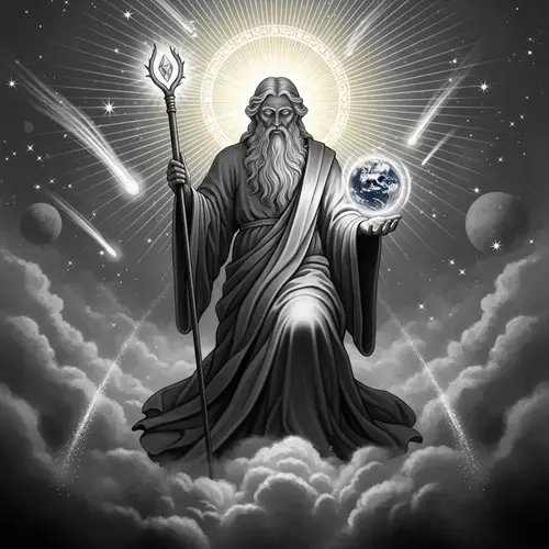 Majestic God-Like Figure Above the Clouds