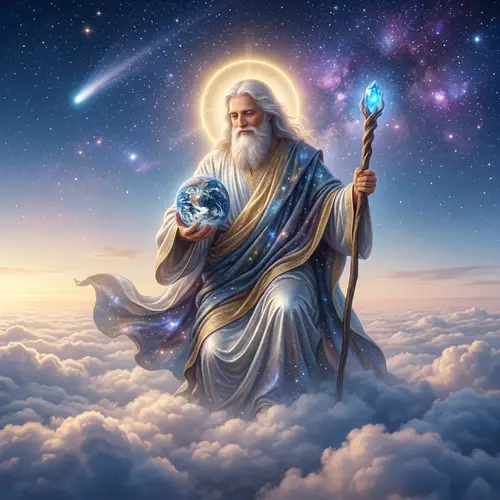 Majestic God-Like Figure Above the Clouds