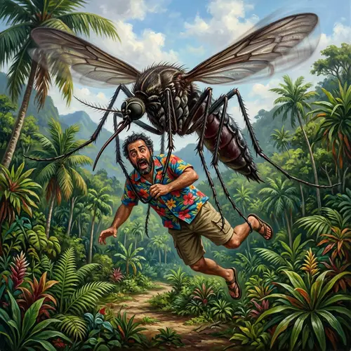 Gigantic Mosquito Lifting Frightened Man | Tropical Island Scene
