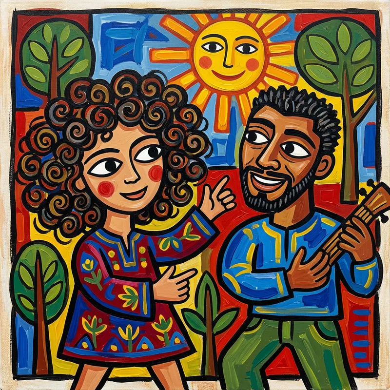 Primitive Style Artwork: Vibrant Folk Portrayal Primitive Style Artwork: Vibrant Folk Portrayal