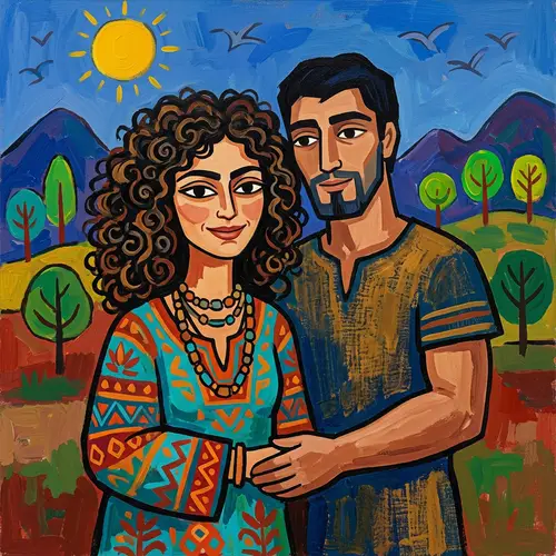 Curly-Haired Woman and Man Artwork in Primitivism Style