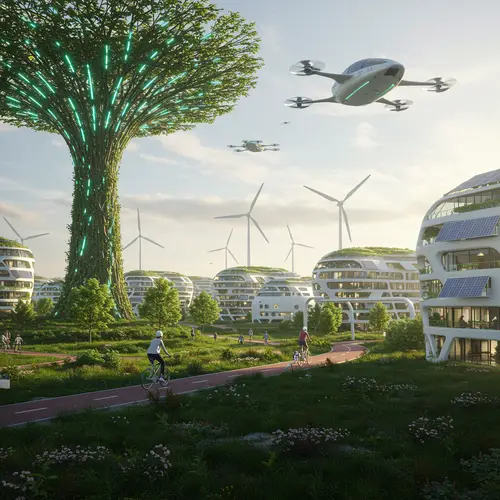 Futuristic Village with Solar Panels & Flying Cars