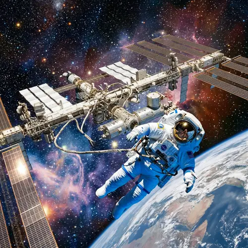 Female Astronaut Floating in Space - Stunning Space Station Scene