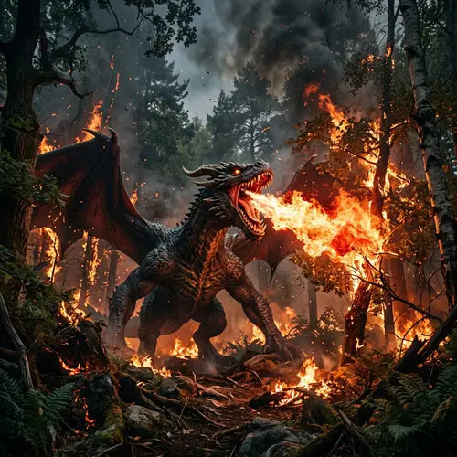 Furious Dragon Breathing Fire in Forest