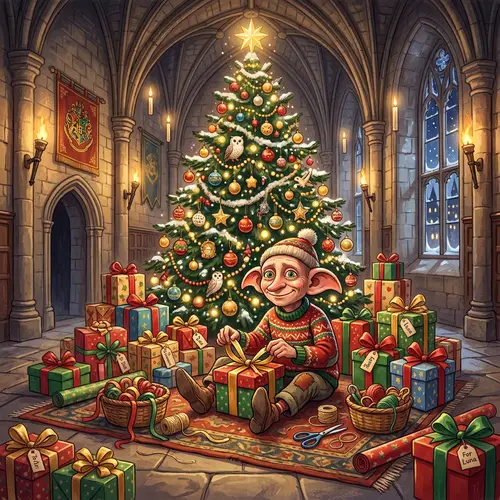 Joyful House Elf Prepares Christmas Gifts in Festive Setting