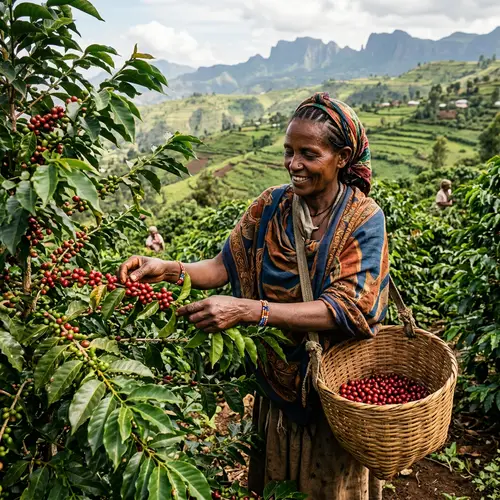 Ethiopian Woman Coffee Farmer Harvesting in Lush Landscape