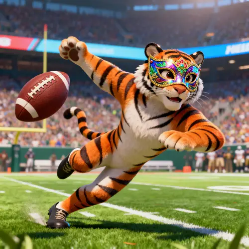 Tiger Playing Football in Masquerade Mask