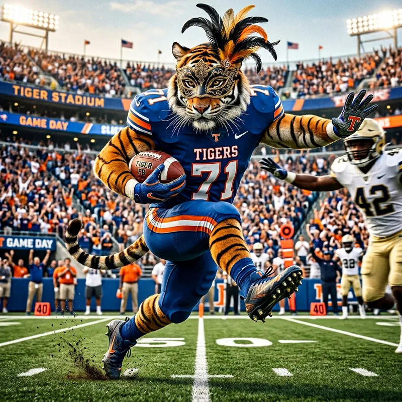 Tiger Playing Football in Masquerade Mask
