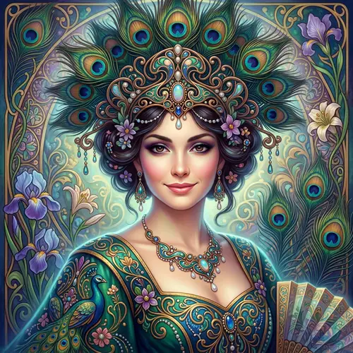 Whimsical Woman Portrait: Art Nouveau-Inspired Peacock Feathers