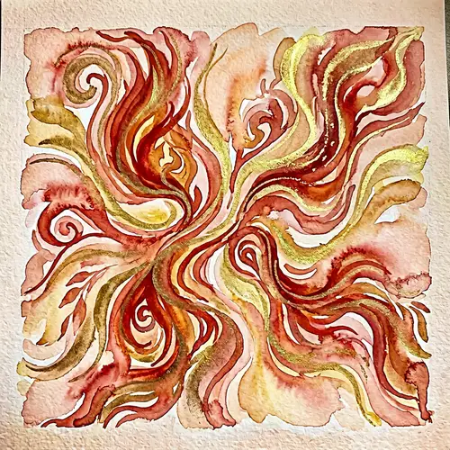 Red, Peach, and Gold Watercolor Painting