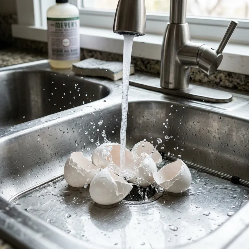 Broken White Eggshells Being Washed at Faucet