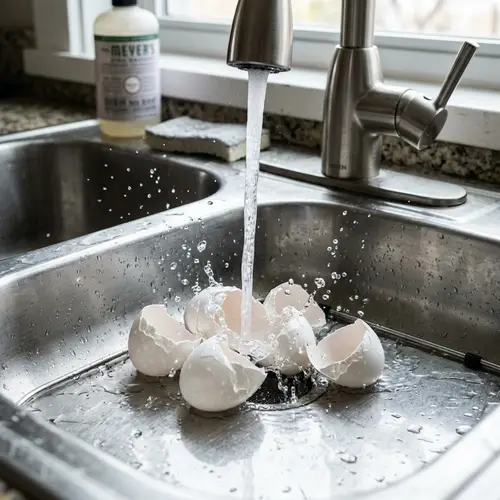Fragmented White Eggshells Under Kitchen Faucet