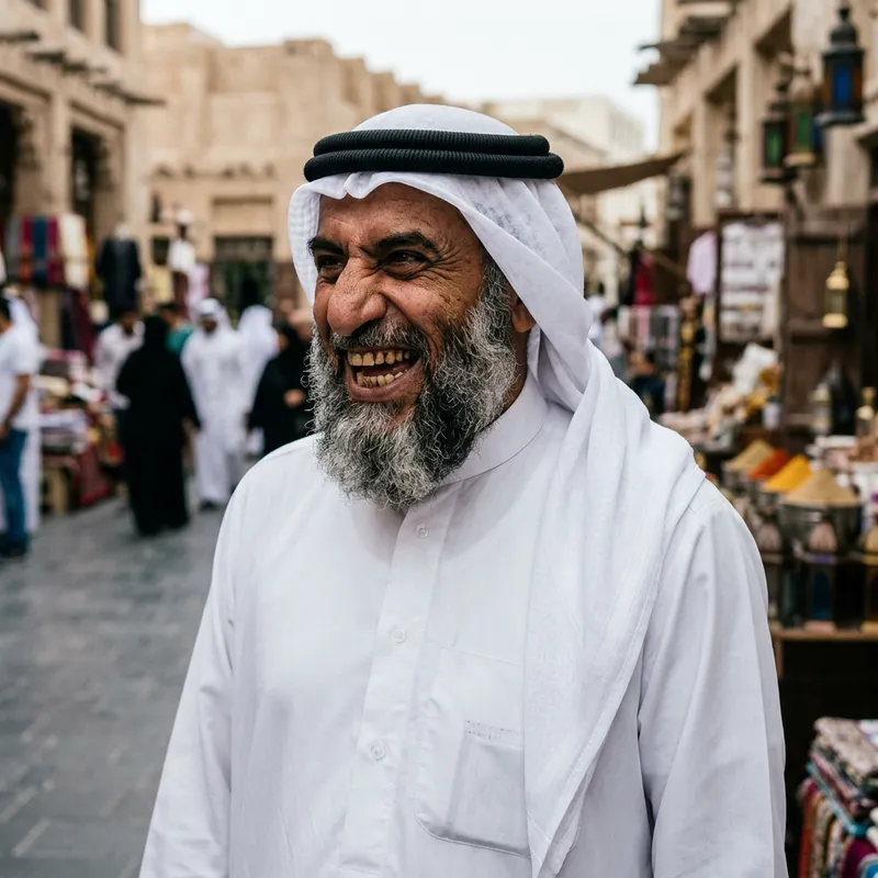 Arab Man in White Caftan and Ghutra Laughing - Evil Traits