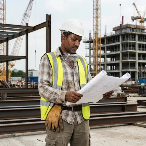 South Asian Male Construction Worker with Hardhat and Blueprints