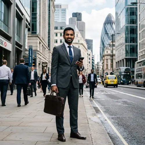 South Asian Businessman in Gray Suit and Blue Tie with Briefcase and Smartphone