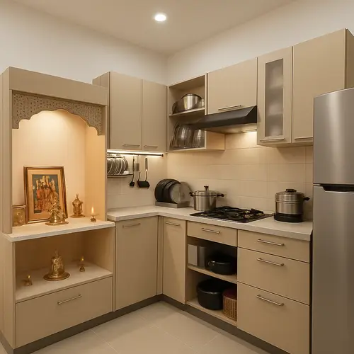 Smart Modular Kitchen Design with Mandir for 1 Lakh