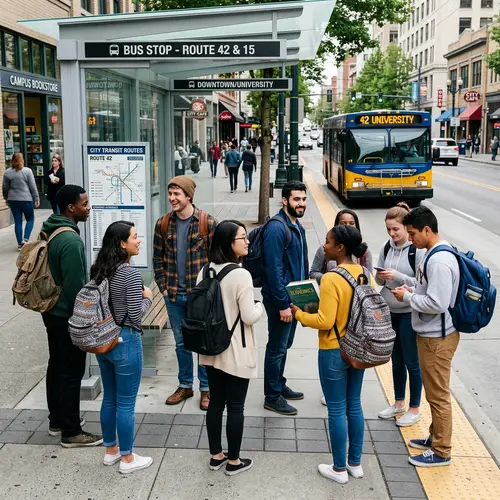 Diverse College Students Waiting for Bus in Urban Setting