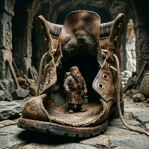 Dwarf Inside a Gigantic Shoe: A Whimsical Scene