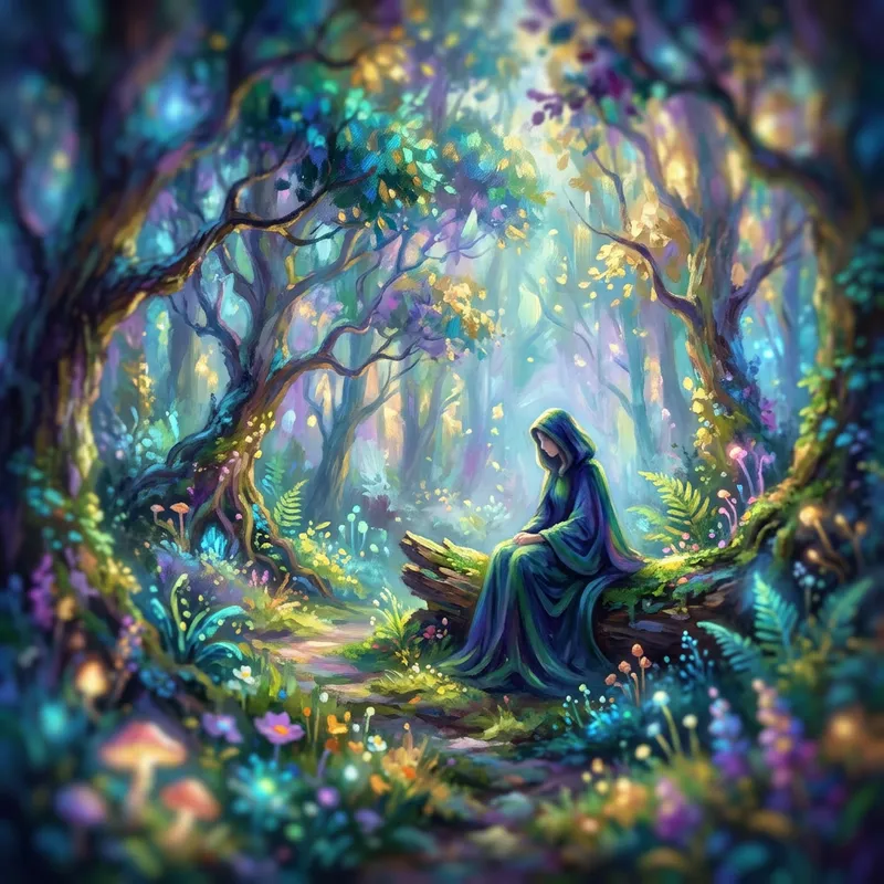 Mysterious Figure in Enchanted Forest - Impressionist Artwork Mysterious Figure in Enchanted Forest - Impressionist Artwork