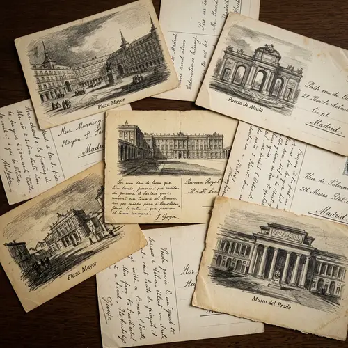 Handwritten Postcards on Vintage Paper with Madrid Landmarks Sketches