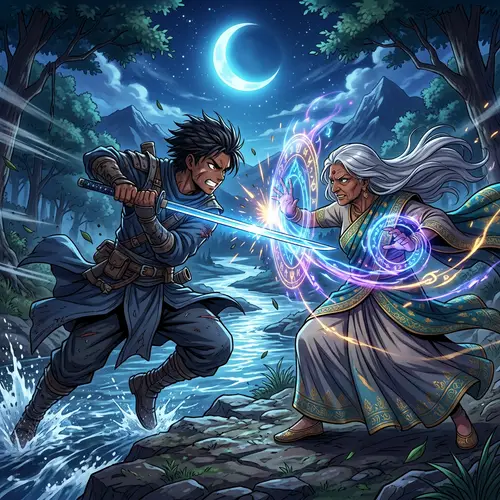 Dynamic Anime Scene: Intense Sword Battle in Stunning Landscapes