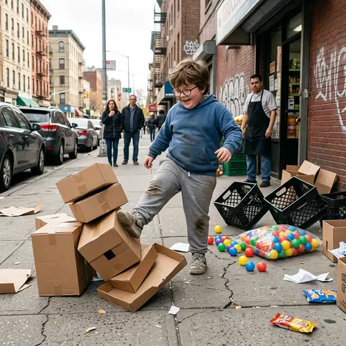 Chubby Boy with Glasses Causing Street Mess