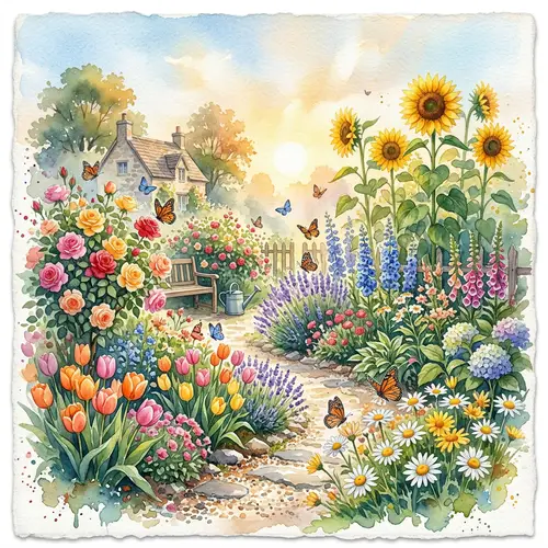 Serene Watercolor Garden with Blooming Flowers