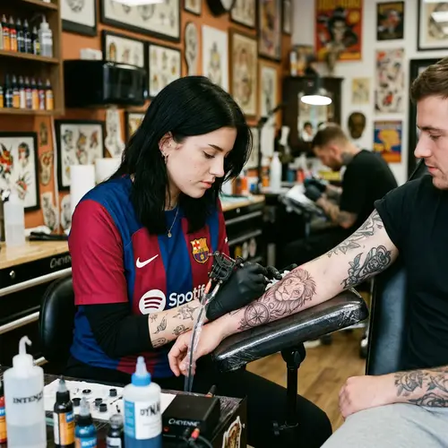 Tattoo Artist in Barcelona Football Club Jersey | Ink Process
