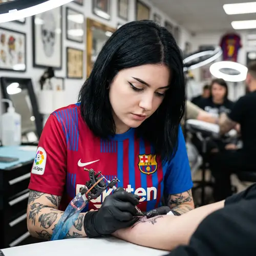 Caucasian Woman Applying Tattoo in Barcelona Team Shirt