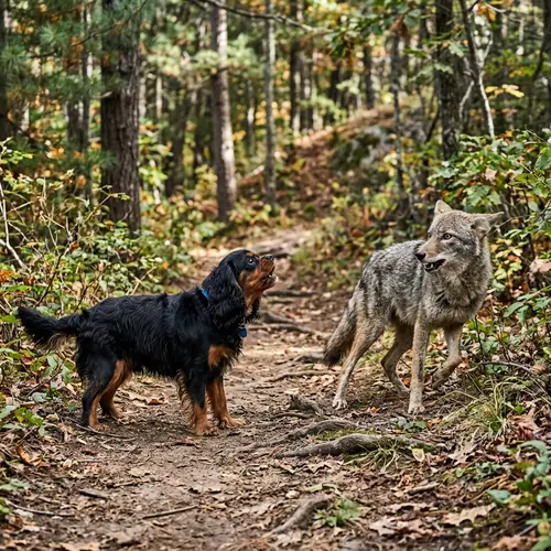 Fearless Cavalier King Charles Confronts Wild Coyote