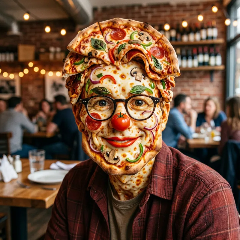 Pizza Face with Jawline and Glasses in Human Form Pizza Face with Jawline and Glasses in Human Form