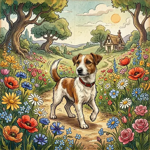 Vintage Animated Dog Portrait with Vibrant Flowers