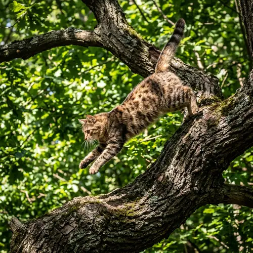 Furry Cat Jumping on Oak Tree | Nature Scene
