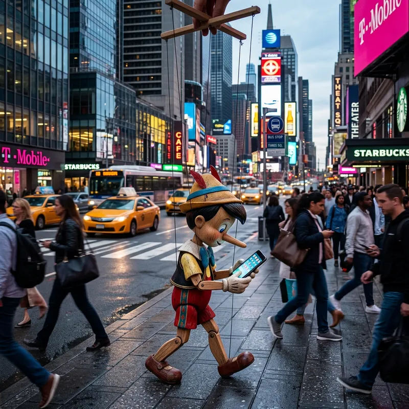 Small Wooden Marionette Exploring the City