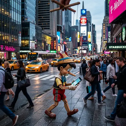Small Wooden Marionette Exploring the City