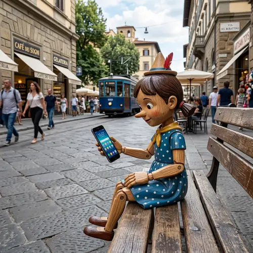 Small Wooden Female Pinocchio Puppet in City