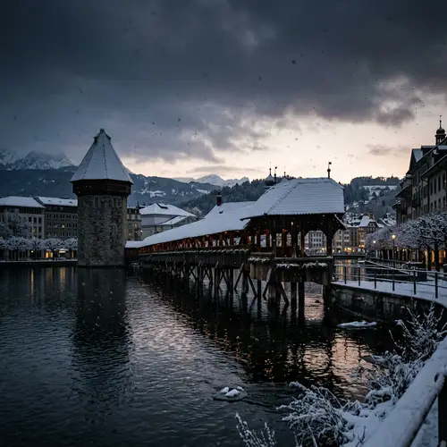 Kapellbrücke Wooden Footbridge in Winter Sunrise - Switzerland
