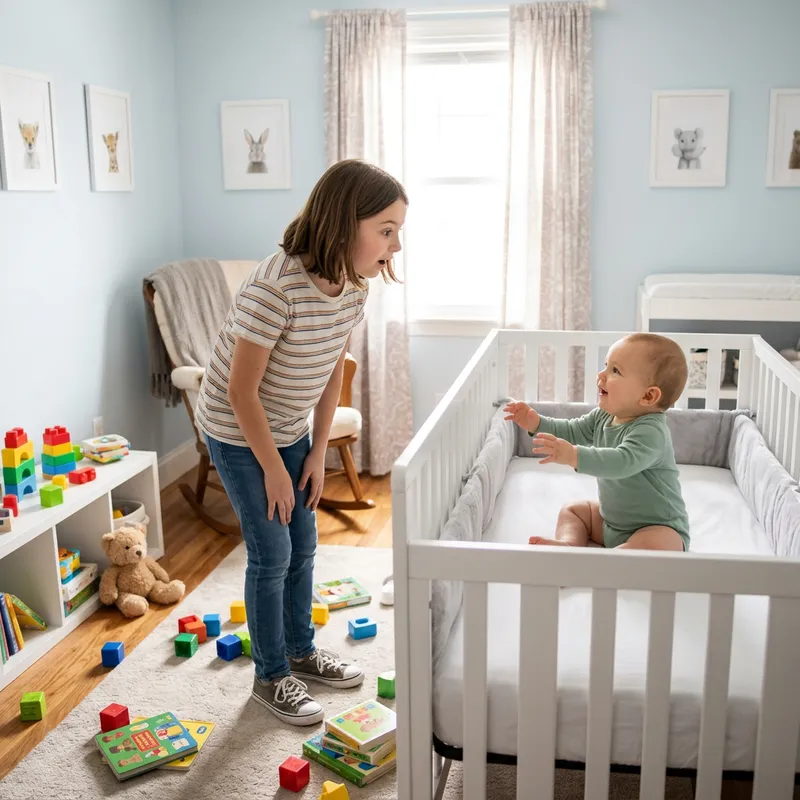 Curious 12-Year-Old Interacting with Baby in Nursery Room