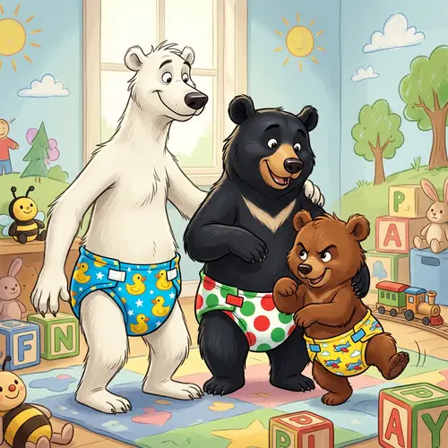 Wholesome Bear Caricature Trio in Colorful Diapers