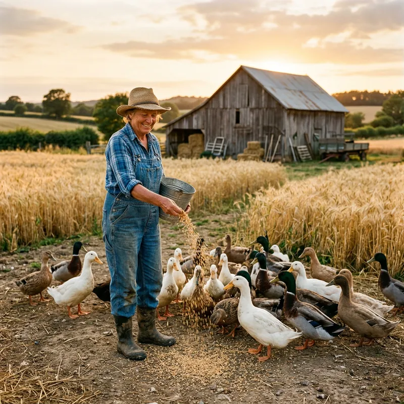Duck Feeding Scene in Tranquil Traditional Farming Setting