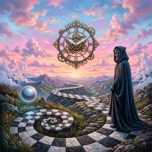 Enigmatic Sky Scene with Clock Face and Mystery Figure