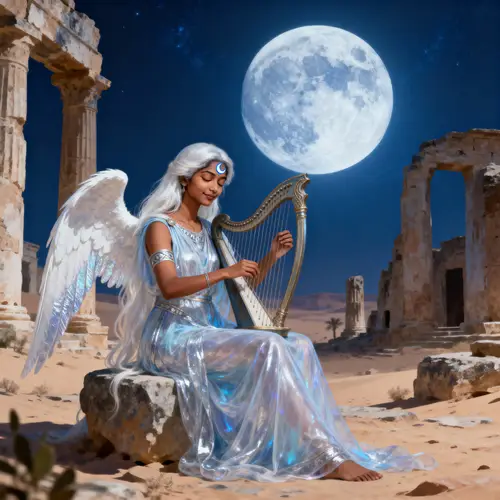 Serene South Asian Woman Playing Harp Under Moonlight
