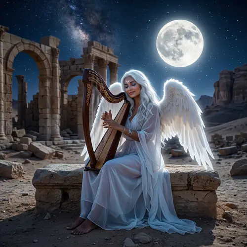Serene South Asian Woman Playing Harp Under Moonlight