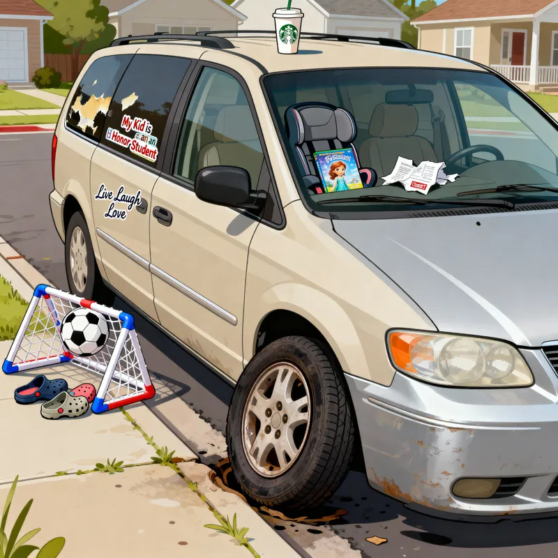 Suburban Minivan with Flat Tire – Vector Illustration